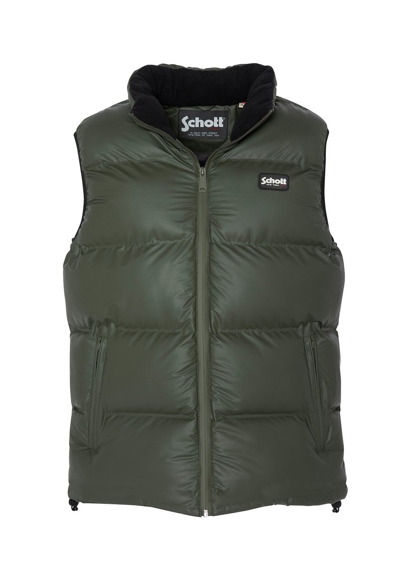 Chaleco acolchado verde con cremallera frontal, cuello y dos bolsillos laterales. Fabricado en material suave y acolchado, con un logo en el lado izquierdo del pecho.