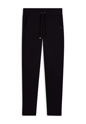 Pantaloni tuta neri realizzati in tessuto morbido, con vita elasticizzata e cordino, due tasche laterali e sottili dettagli dorati.