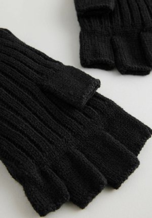 Black knitted fingerless gloves with ribbed texture, featuring a snug fit and a soft finish. Open fingertips for dexterity.