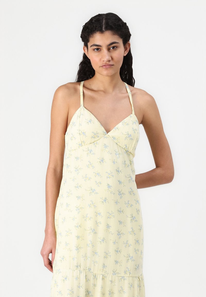 hollister open back maxi dress in butter yellow floral Crepe Open Back Midi Slip Dress , (Photo was too long