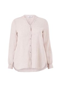 Helle beigefarbene Bluse mit langen Ärmeln aus Leinen, mit einem V-Ausschnitt und Knopfleiste. Merkmale sind ein lockerer Schnitt und ein abgerundeter Saum. Weicher Stoff.