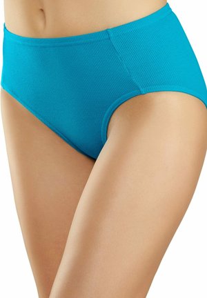 Hochgeschnittene türkisfarbene Unterwäsche aus strukturierter Stoffqualität, mit einem glatten Bund und abgerundeten Beinausschnitten für hohen Tragekomfort.