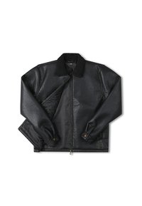 Black leather jacket featuring a fluffy collar, zip closure, and buttoned cuffs. It has a smooth exterior and a plain inner lining.