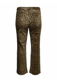 Hlače s leopard uzorkom, glatke teksture, srednjeg struka i ravnih nogavica. Sadrže suprotstavljene tamne i svijetle smeđe uzorke.