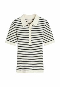 Polo w prążki w kolorze kremowym z granatowymi poziomymi paskami, z kołnierzykiem i zapięciem na trzy guziki, krótki rękawek.