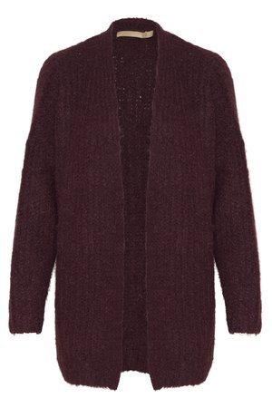 Bordeaux åben-front cardigan lavet af fluffy strikket materiale. Har lange ærmer, en afslappet pasform og en tekstureret finish. Ingen lukninger.