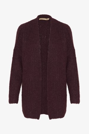 Bordeaux åben-front cardigan lavet af fluffy strikket materiale. Har lange ærmer, en afslappet pasform og en tekstureret finish. Ingen lukninger.