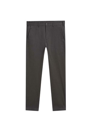 Mørkeblå chinos med lige ben, der har sidelommer, knaplukning og en glat, holdbar stoftekstur.