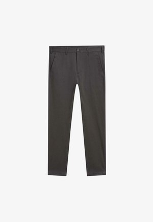 Mørkeblå chinos med lige ben, der har sidelommer, knaplukning og en glat, holdbar stoftekstur.