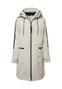Cappotto con cappuccio color beige chiaro con strisce nere laterali, tasche con zip e cordini regolabili. Presenta un design di lunghezza media e una texture morbida.