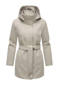 Cappotto in misto lana beige con colletto alto, cappuccio e vita con cintura. Presenta due tasche laterali e accenti di design minimalisti.