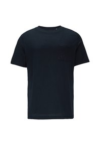 Dunkelblaues kurzärmliges T-Shirt aus Baumwolle, mit einer Brusttasche und einem runden Ausschnitt sowie einem lässigen Schnitt.