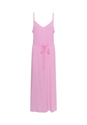 Robe longue rose clair sans manches avec fines bretelles réglables et ceinture à nouer à la taille, design uni, vue de face.