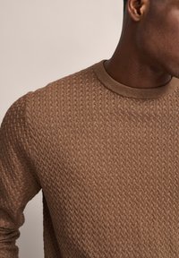Brauner Strickpullover mit strukturiertem Muster, rundem Ausschnitt und gerippten Bündchen. Das Material wirkt weich und hat eine mittlere Dicke.