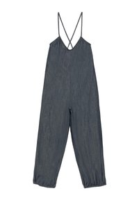 Combinaison sans manches gris foncé avec jambes larges, chevilles élastiquées et fines bretelles croisées sur les épaules.