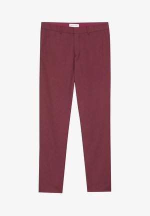 Pantalons ajustés bordeaux en tissu lisse, dotés de poches latérales inclinées, d'un devant plat et d'une coupe slim.