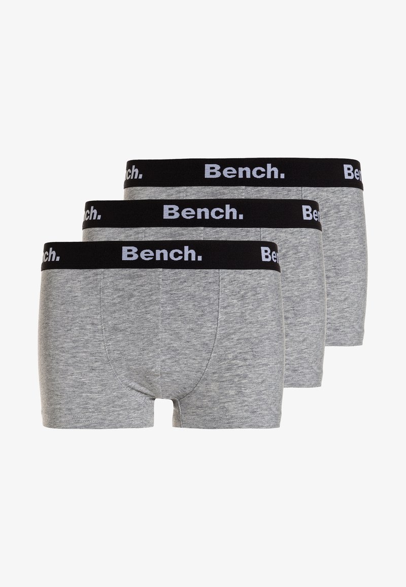Boxer briefs cinza em algodão com cintura elástica preta, apresentando o logotipo "Bench." em branco. Três pares exibidos em uma disposição empilhada.