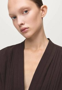 Brązowy plisowany strój z głębokim dekoltem w kształcie litery V, wykonany z gładkiej tkaniny, z wyraźnie zarysowanymi ramionami i minimalistycznym designem. Czysta skóra z subtelnymi detalami.