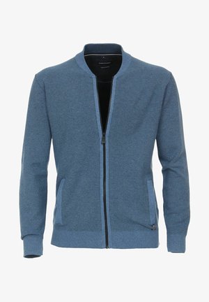Blue zip-up knit cardigan with a textured pattern, ribbed cuffs and hem, two side pockets, and a stand-up collar.