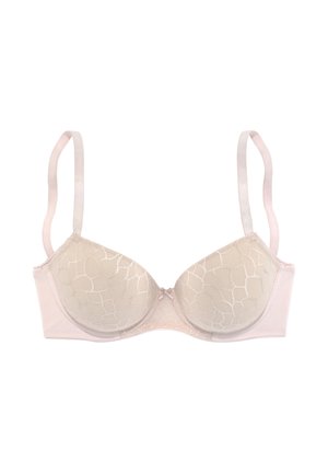 Light pink padded bra with lace overlay, adjustable straps, and small central bow detail.