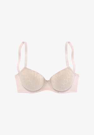 Reggiseno imbottito rosa chiaro con sovrapposizione di pizzo, spalline regolabili e piccolo fiocco centrale.