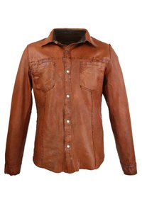 Brun læder skjorte med krave, to forlommer og sølvknapper. Stoffet har en glat tekstur og en naturlig finish.