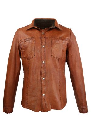 Brun læder skjorte med krave, to forlommer og sølvknapper. Stoffet har en glat tekstur og en naturlig finish.