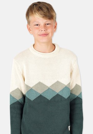 Strickpullover mit einem cremefarbenen Oberteil, geometrischem Rautenmuster in den Farbtönen Teal, Grau und Dunkelgrün, mit Rundhalsausschnitt und gerippten Bündchen.