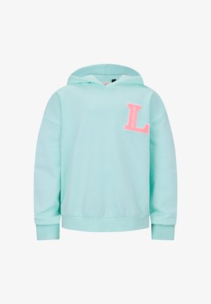 Felpa con cappuccio azzurro chiaro con maniche lunghe e una lettera "L" rosa testurizzata sul petto a sinistra.
