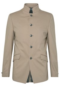 Beige jacka med mandarin-krage, fem mörka knappar och två sidofickor. Slät tyg med skräddarsydd passform och ett subtilt mönster inuti.