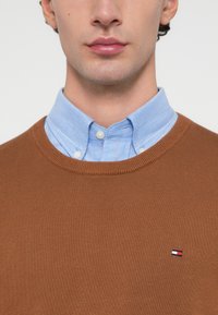 Καφέ ριγωτό πουλόβερ με στρογγυλή λαιμόκοψη, τοποθετημένο πάνω από ένα ανοιχτό μπλε πουκάμισο με κόκκινες ρίγες. Μικρό λογότυπο στο στήθος του πουλόβερ.