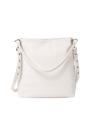 Borsa a tracolla bianca in pelle con una forma strutturata, corpo piatto, tracolla regolabile e accenti hardware sottili. Texture liscia senza motivi visibili.