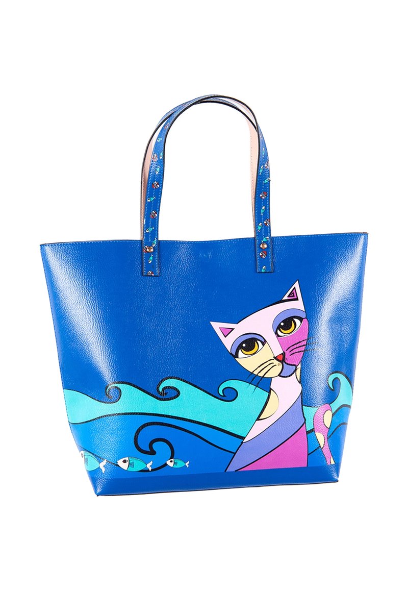 Blaue Tragetasche mit bunten abstrakten Katzen, wirbelnden Wellen und kleinen Fischmotiven, ausgestattet mit doppelten Griffen und einem gemusterten Innenfutter.