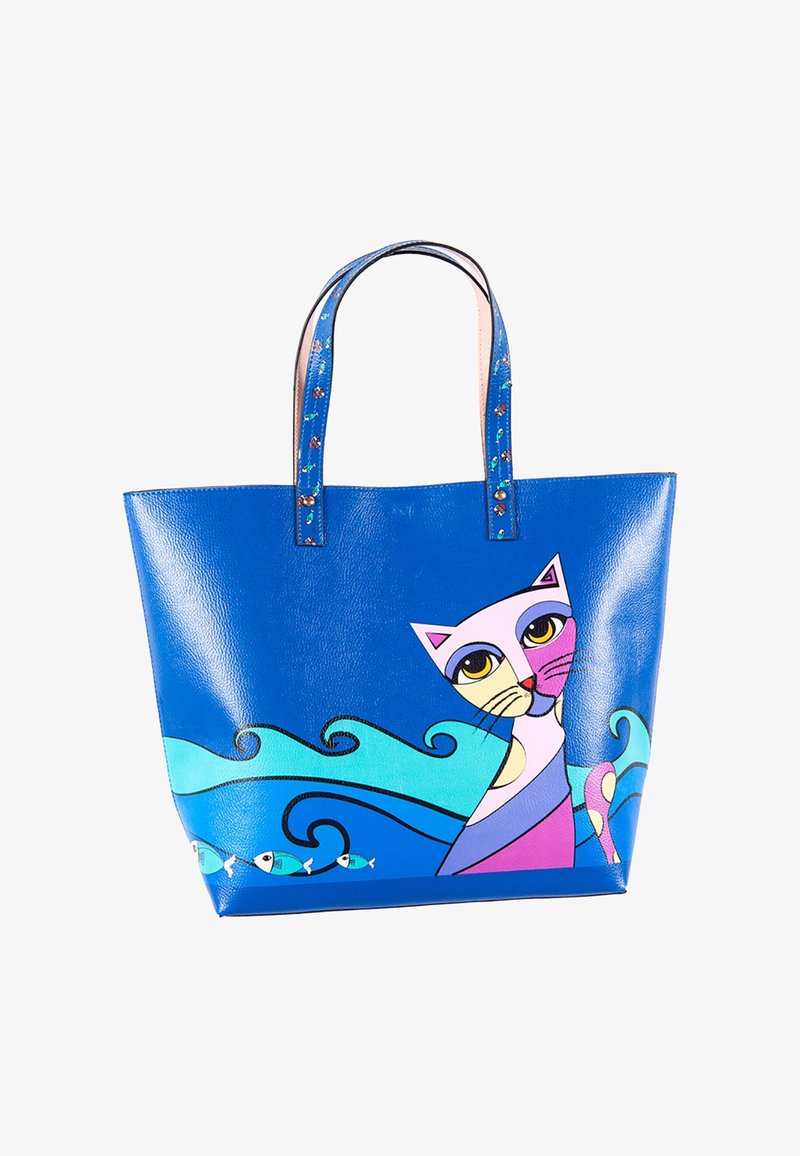 Blaue Tragetasche mit bunten abstrakten Katzen, wirbelnden Wellen und kleinen Fischmotiven, ausgestattet mit doppelten Griffen und einem gemusterten Innenfutter.