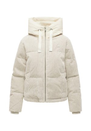 Cremafarbene gesteppte Jacke mit gerippter Struktur, Frontreißverschluss, hohem Kragen mit Kordelzug und langen Ärmeln.