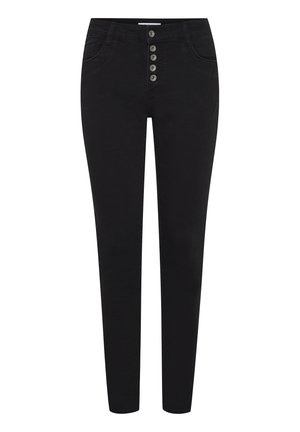 Czarne slim-fit dżinsy z średnim stanem, pięcioma guzikami, dwoma przednimi kieszeniami i gładką fakturą.