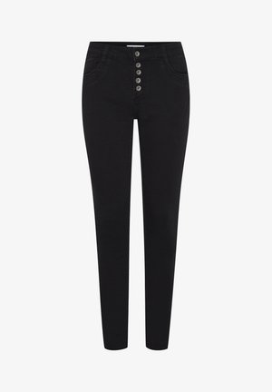 Musta slim-fit farkut, joissa on keskikorkea vyötärö, viiden napin sulkeminen, kaksi etutaskua ja sileä pinta.