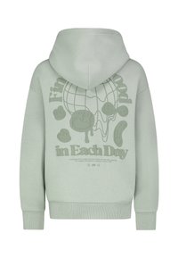 Lichtgroene hoodie met een capuchon, oversized ontwerp en een grafische print van een globe met tekst en speelse iconen op de achterkant.