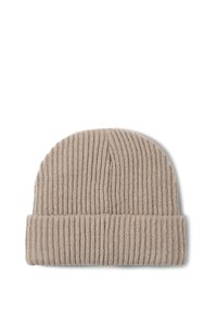 Strikket beige hue med ribbet tekstur, der har en foldet kant og et blødt, strækbart stof, der er ideelt til varme og komfort.