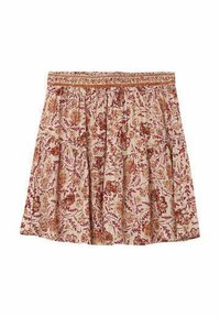 Jupe à imprimé floral beige avec des tons terreux de rouge et d'orange. Elle présente une taille élastique et un design fluide et froncé.