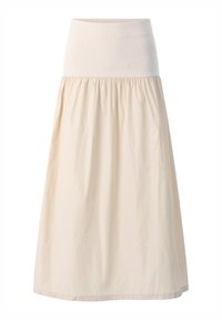 Beige, knielanger Rock mit einem breiten elastischen Bund und gerafftem, fließendem Stoff. Sanfte Textur mit einem weichen, leichten Erscheinungsbild.