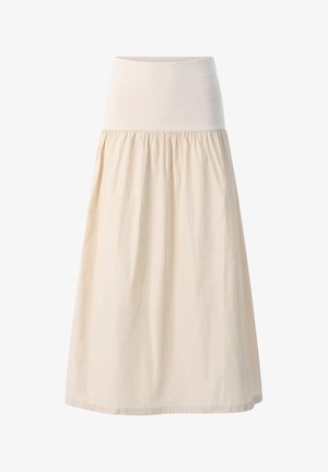 Falda beige de longitud media con una amplia cintura elástica y tejido recogido y fluido. Textura suave con un aspecto ligero y delicado.