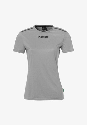 Grå kortærmet træningsshirt med rund hals, lavet af glat materiale, med sort logo og striber over skuldrene.