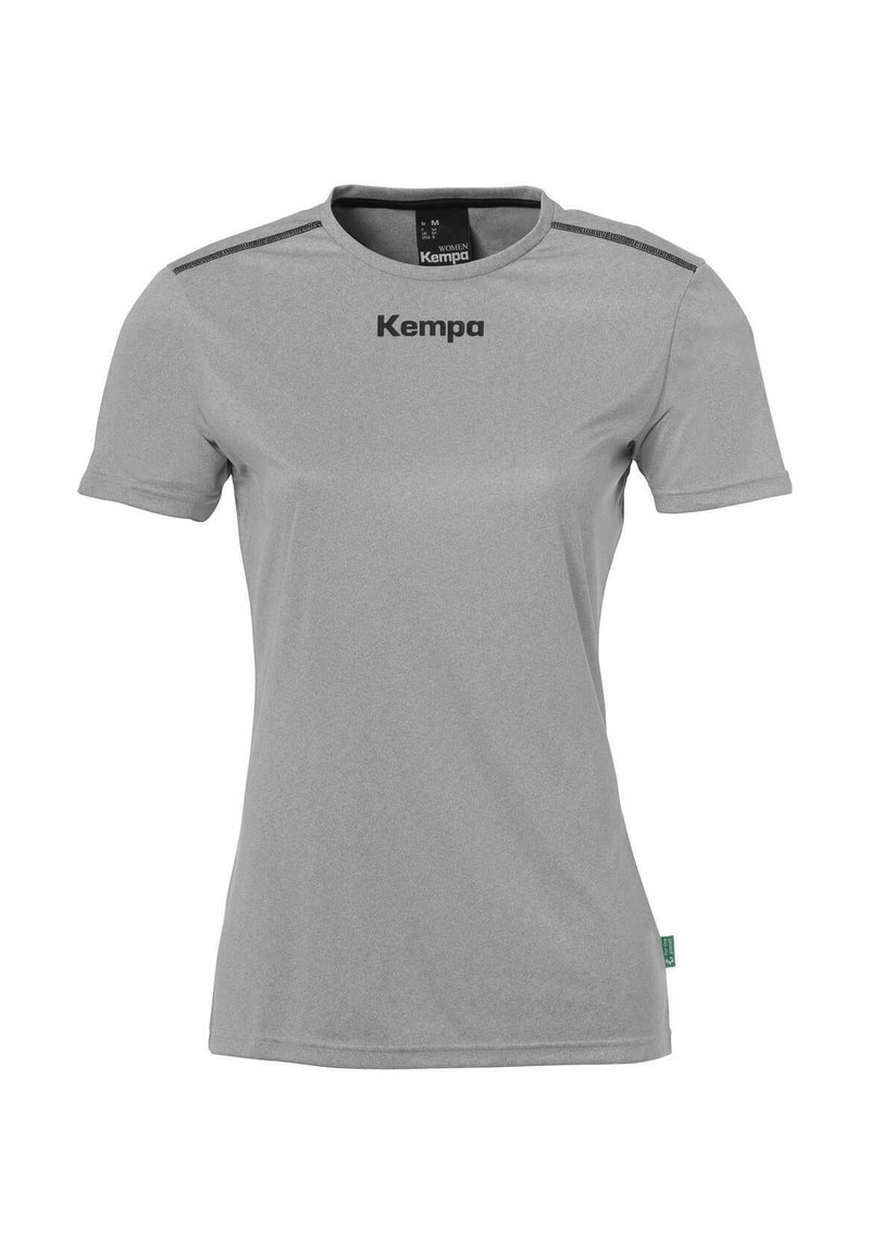 Grå kortærmet træningsshirt med rund hals, lavet af glat materiale, med sort logo og striber over skuldrene.