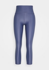 Leggings ajustados de cintura alta y longitud completa en tela azul marino brillante, con costuras visibles a lo largo de las piernas y la cinturilla.