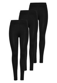 Leggings noirs avec une texture lisse, une taille élastique haute et un design ajusté. Trois paires exposées dans différentes positions.