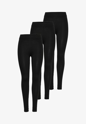 Schwarze Leggings mit glatter Textur, hohem elastischem Bund und tailliertem Design. Drei Paare in unterschiedlichen Positionen ausgestellt.