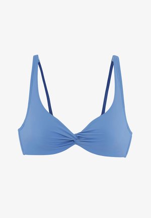 Light blue bikini top with twisted front detail and thin dark blue adjustable shoulder straps, shown against a white background.