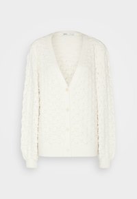 Krämfärgad cardigan med V-ringning, knäppning framtill och en texturerad bikupemönster. Långa ärmar med ribbade manschetter. Mjukt stickad tyg.