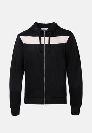 Schwarze Zip-Up-Hoodie mit einem weißen horizontalen Streifen über der Brust. Verfügt über eine Kapuze mit Kordelzug sowie elastische Bündchen und Saum. Weicher Stoff.